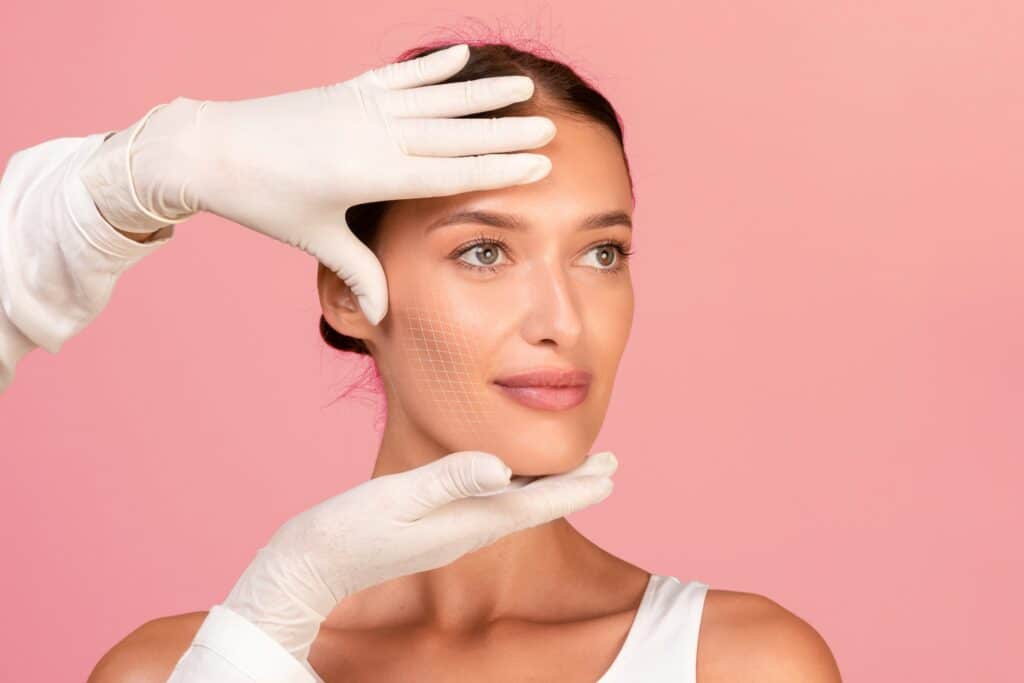 Woman having a consultation with her plastic surgeon about combined facelift and brow lift